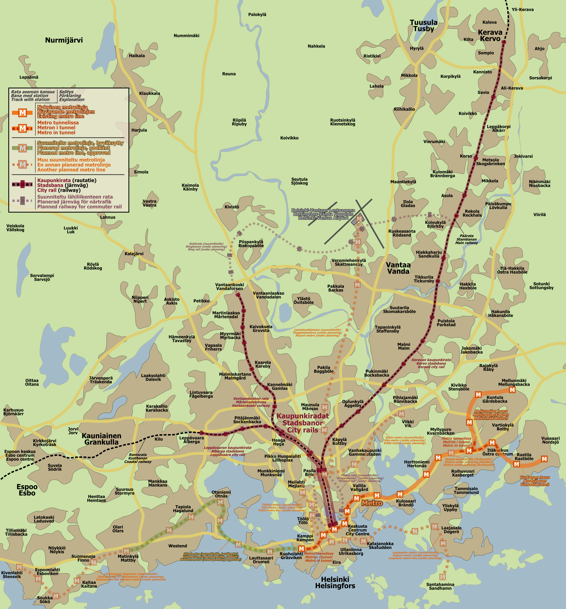 Схема пригородных железных дорог Хельсинки