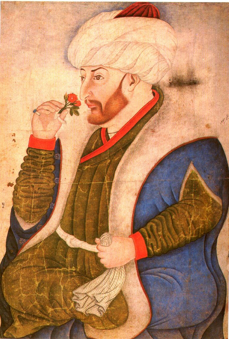 Султан Мехмет II, нюхающий розу, из альбомов дворца Топкапы (Sarayı Albums, Hazine 2153, folio 10a)
