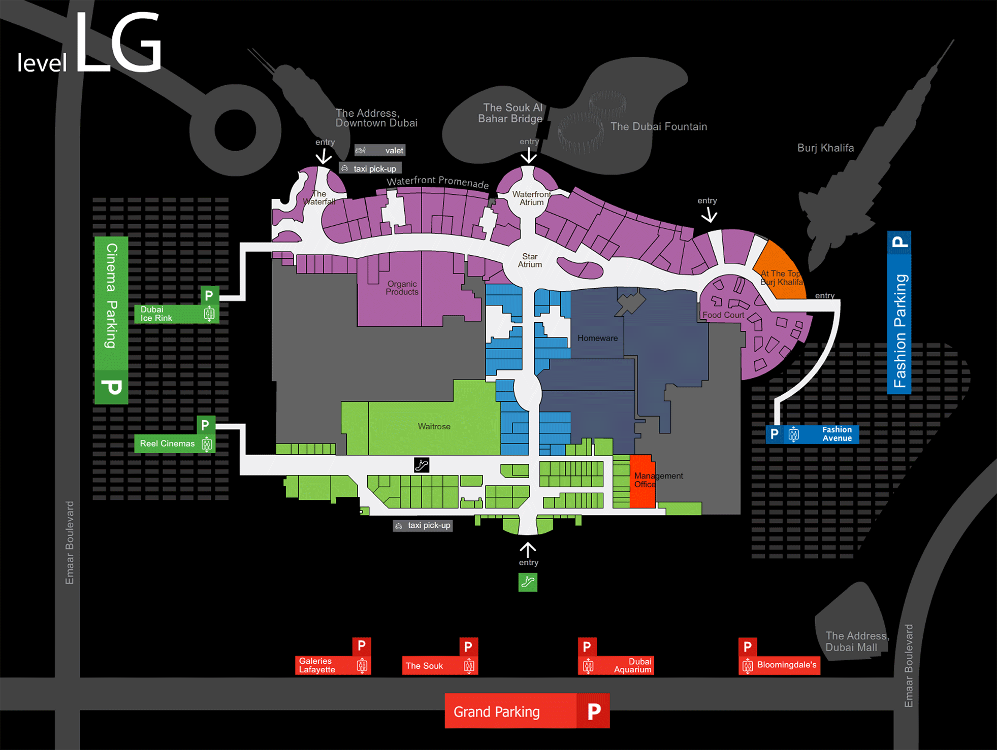 Карта нижнего этажа Level LG. На нем находится вход на смотровую площадку небоскреба Бурдж Халифа.
