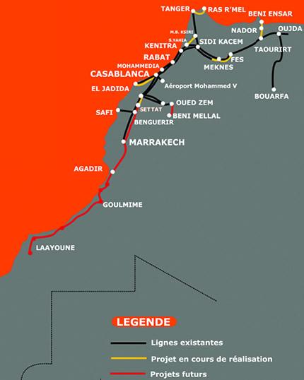 Карта железнодорожных соединений по Марокко.Чёрная линия является актуальной.