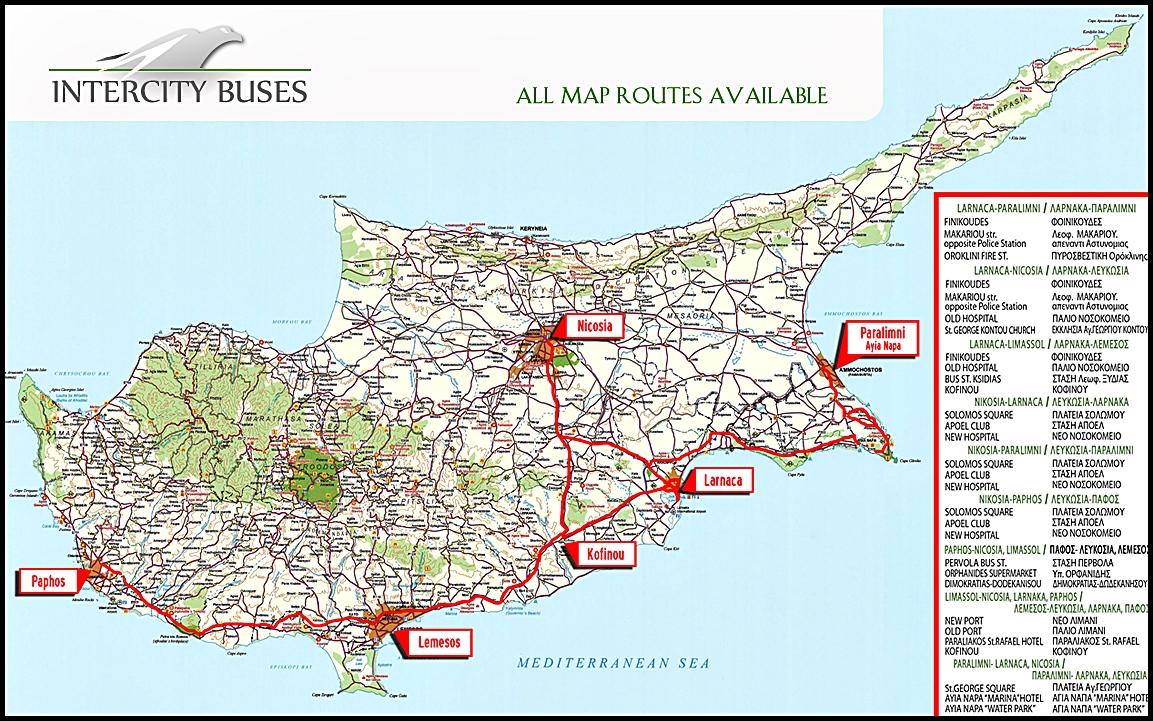 Схема маршрутов междугородних автобусов на Кипре